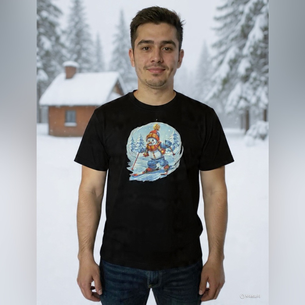 Black unisex Graphic T-Shirt with Skiing Snowman Design